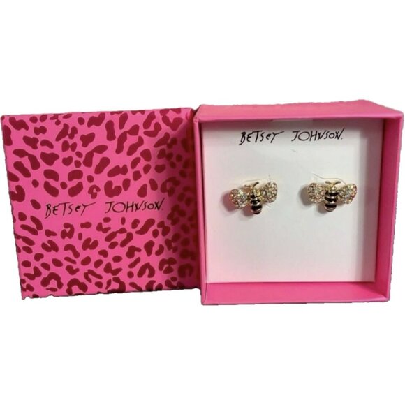 Betsey Johnson Gold-Black Pave Crystal Bumble Bee Stud Earrings-Gift Boxed - Picture 5 of 5